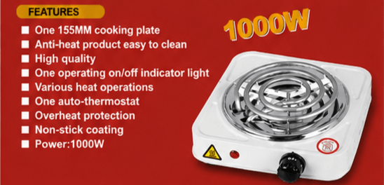 Plaque Chauffante Hot Plate 1000W Blanc/Rouge